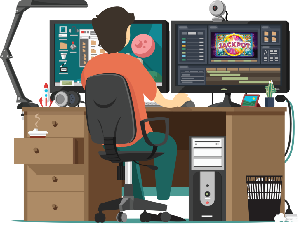 Illustration of a developer with two monitors at a full desk.